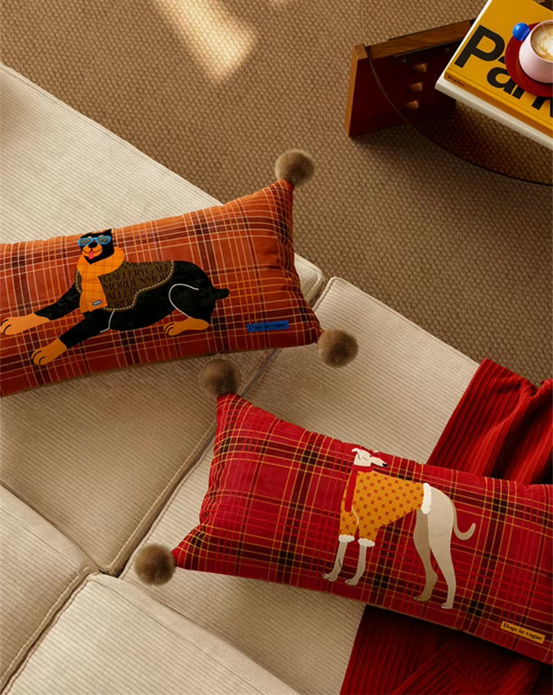 Scottish plaid lumbar dog pillows with Doberman and greyhound illustrations