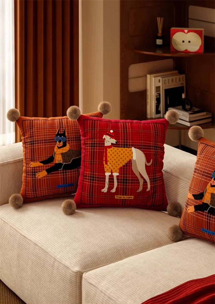 Square rust and red plaid dog pillows with Doberman and greyhound prints