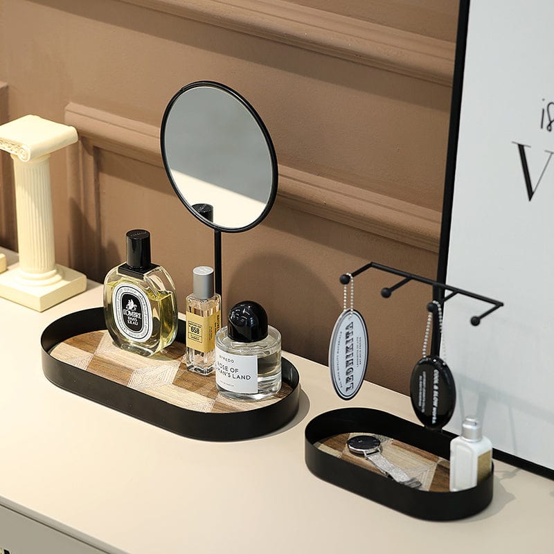 Metal decorative tray with some products displaying space and a round mirror, the other variant having some keys and chain hangers and some space to keep decorative wearables.